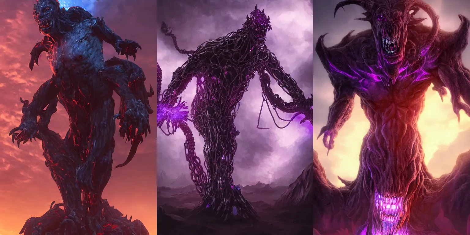 Prompt: Giant demonic abomination statue. Howling. Enchained, chains, restrained. Bloom, volumetric lighting. Purple lighting. Fantasy, digital painting, HD, 4k, detailed, vibrant.
