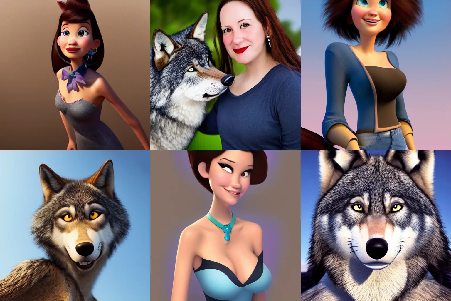 Prompt: portrait, pixar disney, waist up angle, photo of a beautiful wolf lady