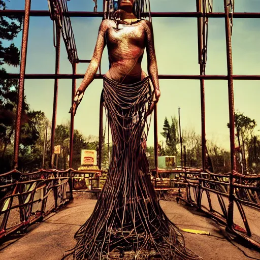 Image similar to A perfect female goddess stands for a waist up portrait with her body totally and tightly wrapped in thin gold wire creatively arranged so as to look like biker tattoos, in an abandoned amusement park, hyper photo realistic 8K HD HDRI, photo by Annie Leibovitz.