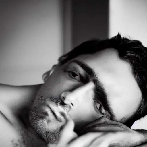 Prompt: black and white press photograph, highly detailed portrait of a depressed drug dealer lying in bed, detailed face looking into camera, eye contact, natural light, mist, fashion photography, film grain, soft vignette, sigma 85mm f/1.4 1/10 sec shutter, Darren Aronofsky film still promotional image, IMAX 70mm footage