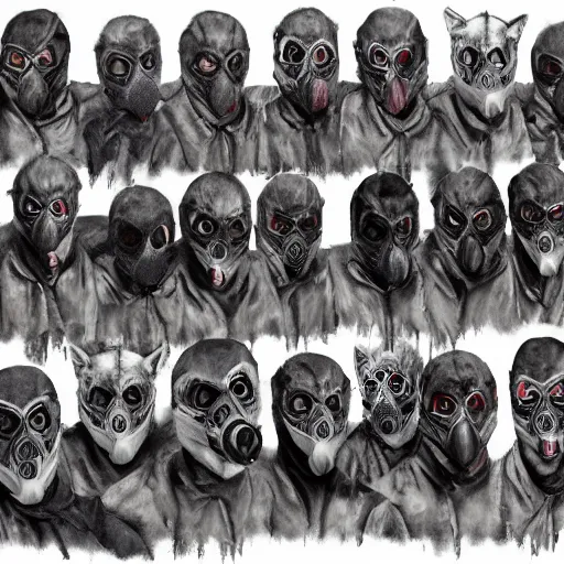 Image similar to detailed details photorealistic wolfs gang photo group, most of them using wolf mask, other using grey bandana and gas mask, theyre with grey hoodie and dominant gray black color in the style of bob peak and alex ross, gouache and wash paints color, detailed details facial and body and human and environments and proportionate, detailed 5 k details.