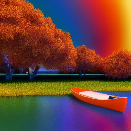 Image similar to boat on a river With tangerine trees and marmalade skies, psychedelic, octane render, 4K