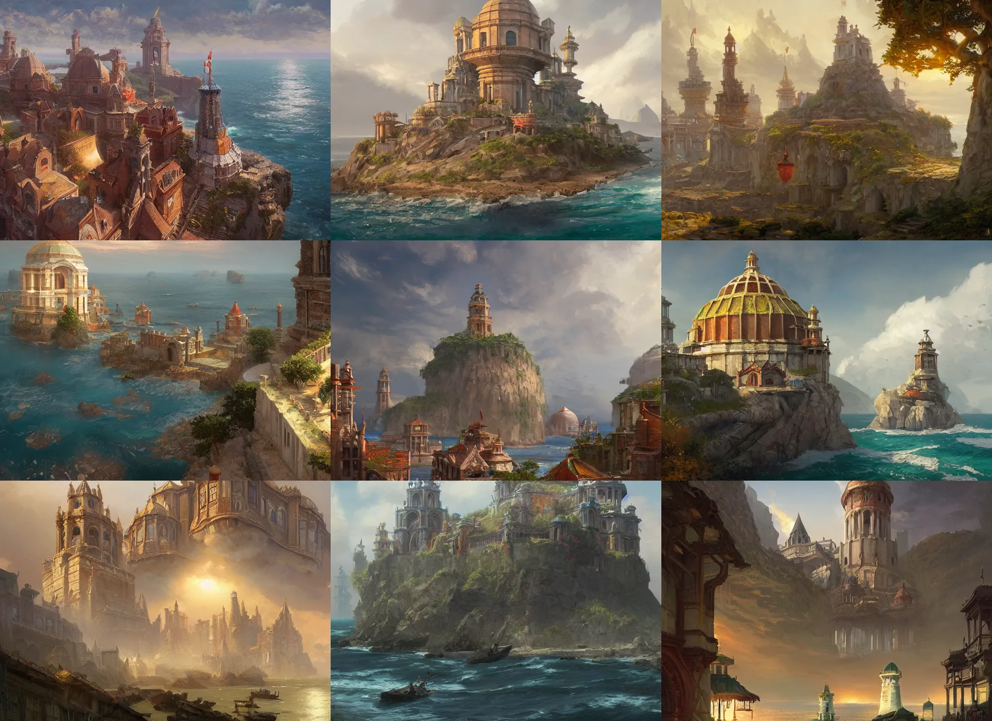 Prompt: Tholos, sprawling ocean city with islands along a great bay, short, buildings made of wide domes interspersed with tall spires and decorated with colorful banners, a fantasy digital painting by Greg Rutkowski and James Gurney, trending on Artstation, highly detailed