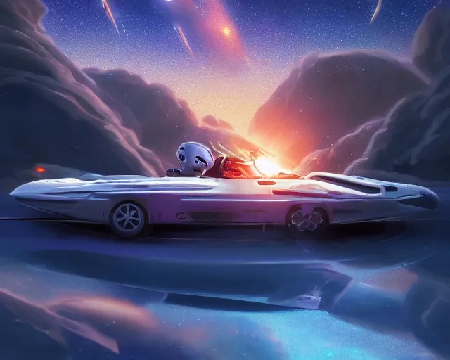 Image similar to one single car in space, cosmic skies. 8 k, octane render, full shot. by makoto shinkai, stanley artgerm lau, wlop, rossdraws, james jean, andrei riabovitchev, marc simonetti, krenz cushart, sakimichan, d & d trending on artstation, digital art.