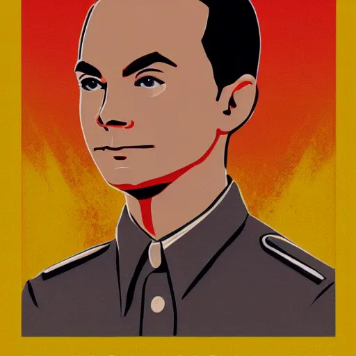 Image similar to propaganda poster of Sheldon Cooper in front of a large army