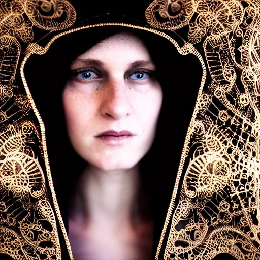 Prompt: an award finning closeup photo by a famous portrait photographer of a beautiful female bohemian cyberpunk musician in filigree fractal robes