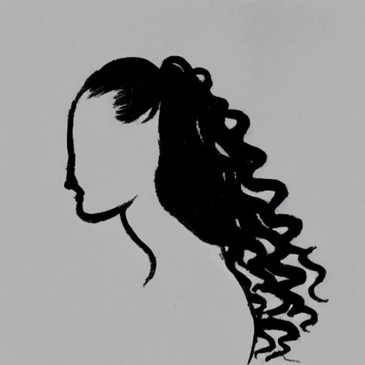 Image similar to a black and white drawing of the silhouette of a woman with long curly in a ponytail hair using a dress