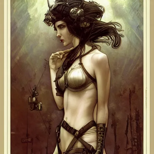 Image similar to a dieselpunk painting in the style of luis royo, and in the style of charlie bowater, and in the style of alphonse mucha. symmetry, smooth, sharp focus, semi - realism, intricate detail.