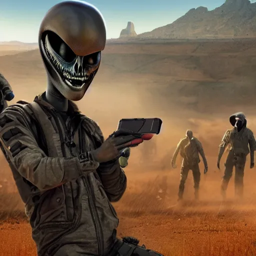 Prompt: first alien to visit earth taking a selfie, with gun - toting rednecks in the background, ultra realistic digital art, 4 k