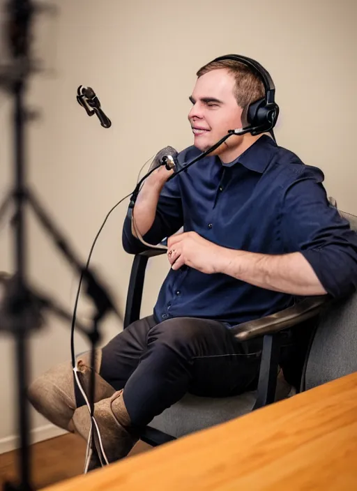 Prompt: photograph of saint thomas aquinas recording a podcast wearing headphones 8k UHD detailed 85mm CANON EOS