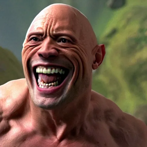 Image similar to gollum as Dwayne the rock Johnson, laughing