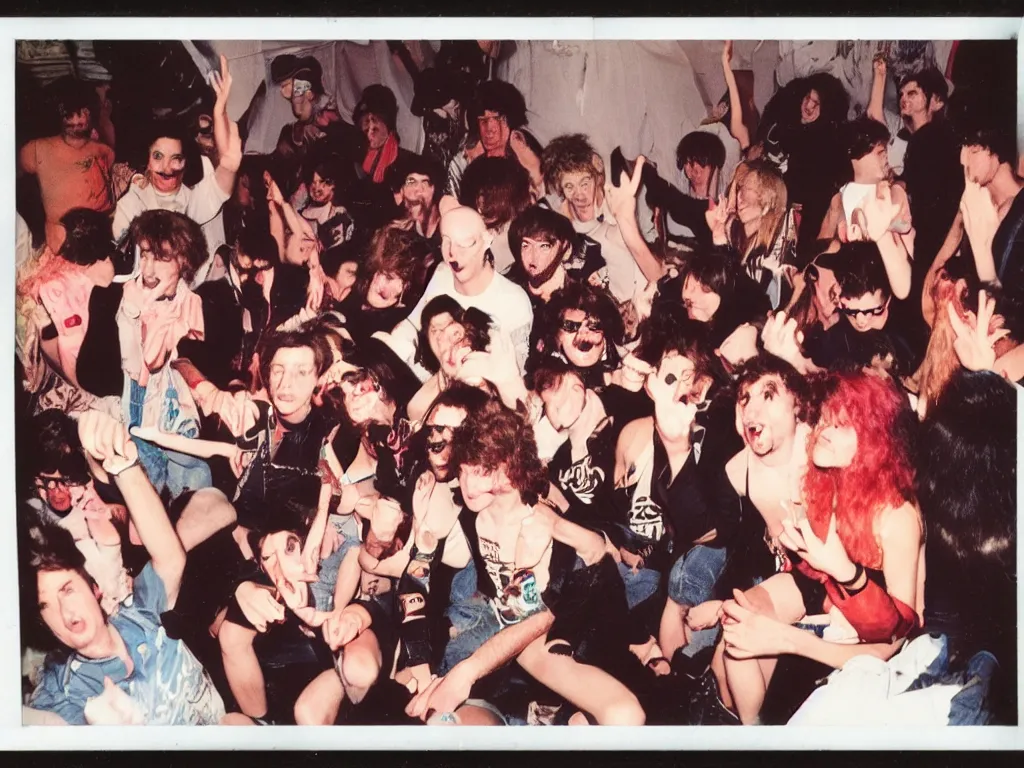 Prompt: 1980s polaroid colour flash photograph of a punk party in an apartment