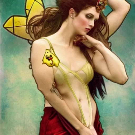 Image similar to elegant muscular woman dressed up as pikachu art photo by Annie Liebovitz and Alphonse Mucha