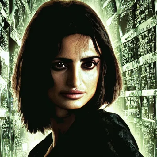 Prompt: Penelope cruz in the movie Matrix, beautiful portrait by Vermeer