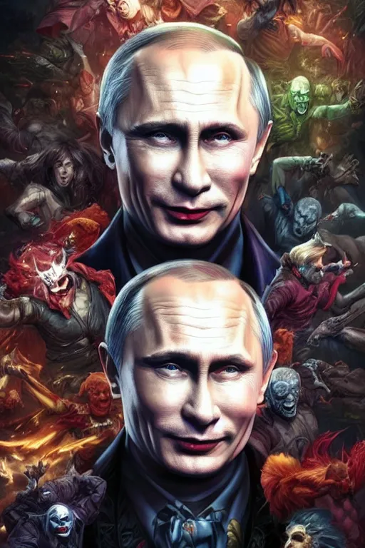 Image similar to vladimir putin as a joker, realistic, high definition, 4 k, shimmering color, hyper detailed, art of greg rutkowski and magali villeneuve and artgerm