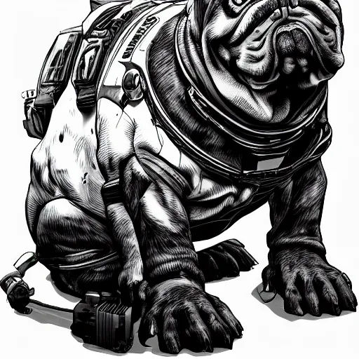 Image similar to « a comic styled cyborg bulldog sitting down, cyberpunk digital art by greg rutkowsky, illustration, future tech, sketchfab »