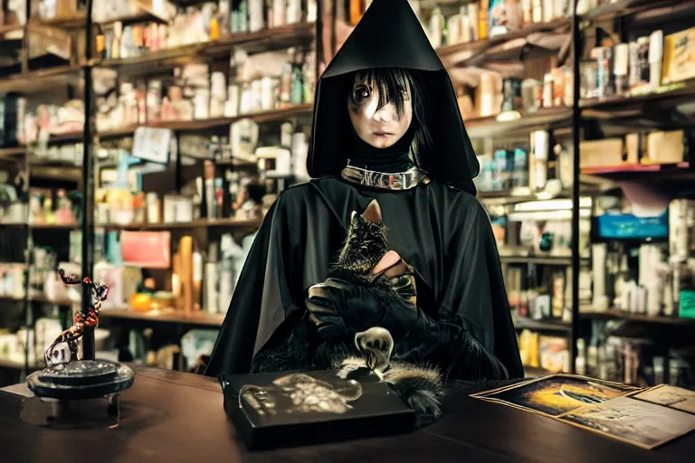 Image similar to close up photo, dramatic lighting, concentration, calm confident cyberpunk teen witch and her cat, tarot cards displayed on the table in front of her, sage smoke, magic wand, a witch hat and cape, apothecary shelves in the background, by yoji shinkawa neon