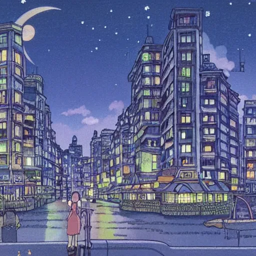 Image similar to a city at night, studio ghibli