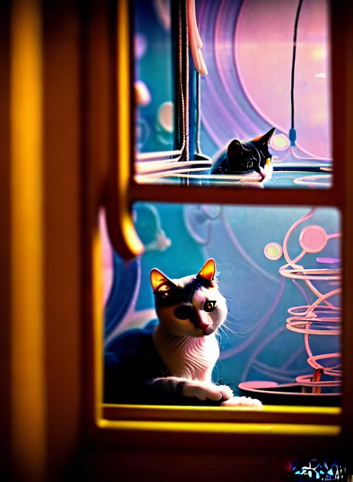 Image similar to telephoto 7 0 mm f / 2. 8 iso 2 0 0 photograph depicting the feeling of chrysalism in a cosy safe cluttered french sci - fi ( ( art nouveau ) ) cyberpunk apartment in a pastel dreamstate art cinema style. ( cat ) ( ( fish tank ) ), ambient light.