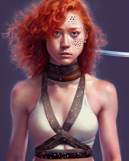 Image similar to female warrior with katana wearing polka dot halter top, perfect face, ginger hair, abs, cinematic, freckles, stunning, cute, adorable, athletic, strong, agile, highly detailed, psychedelic, digital painting, artstation, smooth, hard focus, illustration, art by jessica rossier and and brian froud