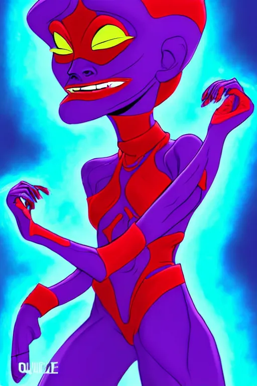 Image similar to queen toxique, an alien supervillainess with mutagenic powers, glowing energy effects, full color digital painting in the style of don bluth, jamie hewlett, artgerm, artstation trending, 8 0 s vibes
