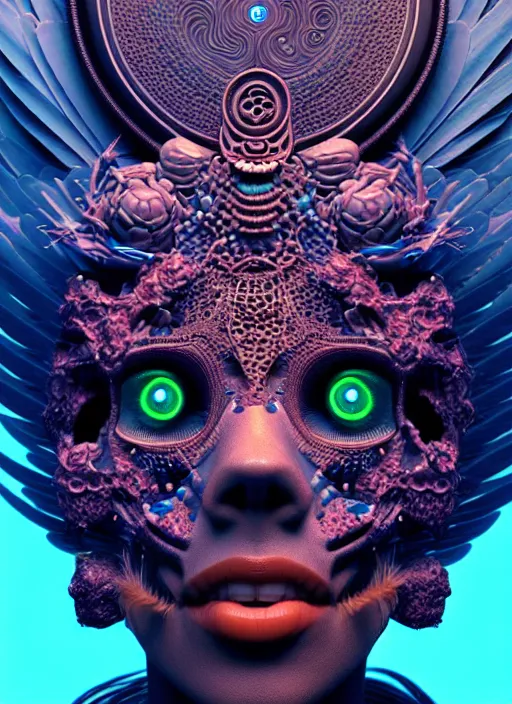 Image similar to 3 d goddess face portrait, sigma 5 0 0 mm f / 5. beautiful intricate highly detailed quetzalcoatl skull and feathers. bioluminescent, plasma, lava, ice, water, wind, creature, thunderstorm! artwork by tooth wu and wlop and beeple and greg rutkowski, 8 k trending on artstation,
