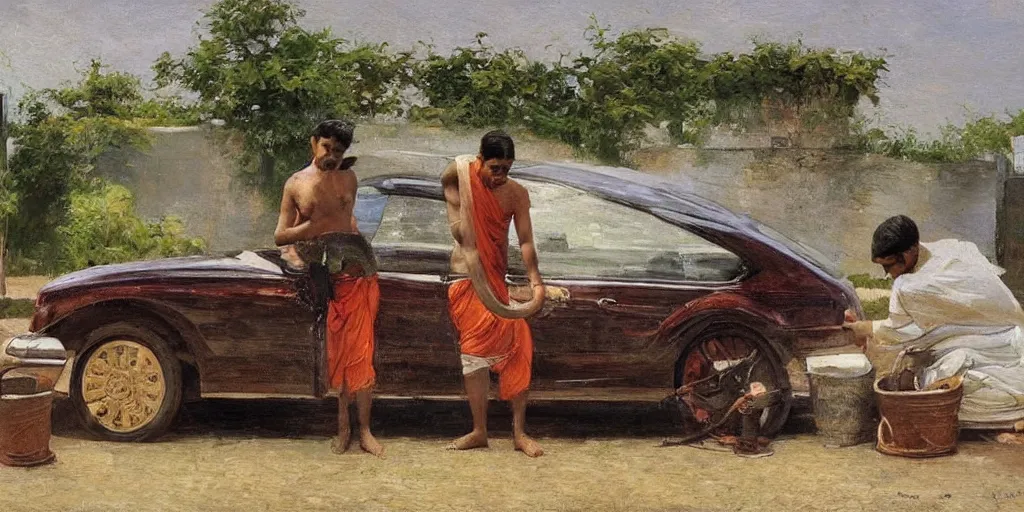 Image similar to man washing his car in the style of raja ravi verma, ultra detailed, high detail, impressionism,