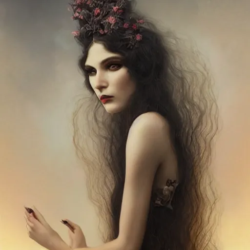 Prompt: a goddess of dark flowers a queen of the seduction!! hair in the wind! with a beautiful symmetrical face!!! cinematic lightning, moody murky dusty deep, smoky eyes, isolated, studio lighting by tom bagshaw - h 7 6 8