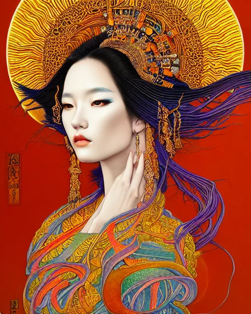Image similar to portrait of a beautiful sun goddess, enigmatic beauty, esoteric, other worldly colors, head in focus, fantasy art, ornamental aesthetics intricate, elegant, highly detailed, hyperrealistic painting, artstation, concept art, painterly, sharp focus, illustration, art by chie yoshii