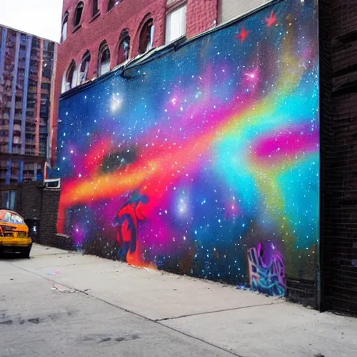 Image similar to a galactic spray painted mural in new york painted by artist outer source