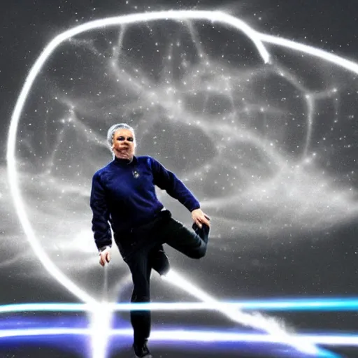 Image similar to jose mourinho jumping shooting lasers, in the sky, clouds, beautiful picture