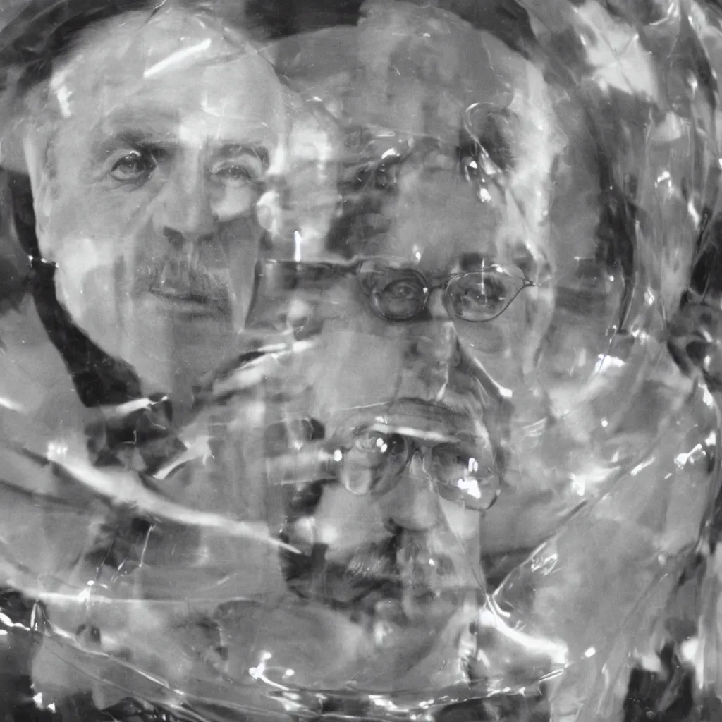 Prompt: Marshall McLuhan trapped in a huge inflatable transparent tube with chrome effect