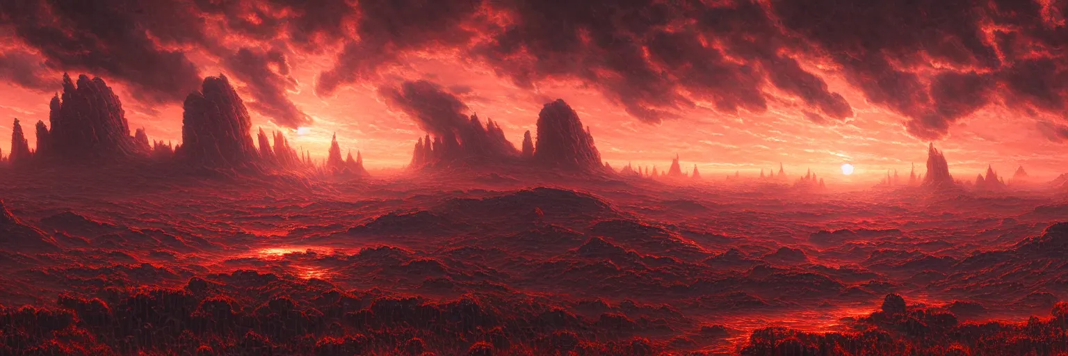 Image similar to ultra realist intricate detailed landscape painting of an alien world, red sky with mech buildings and cyborg tech, symmetry accurate features, very intricate details, bokeh focus, 8 k render, artstyle geoff taylor, award winning