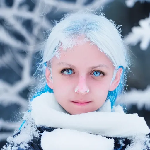 Prompt: ice dust around a frozen girl with white hair and blue eyes