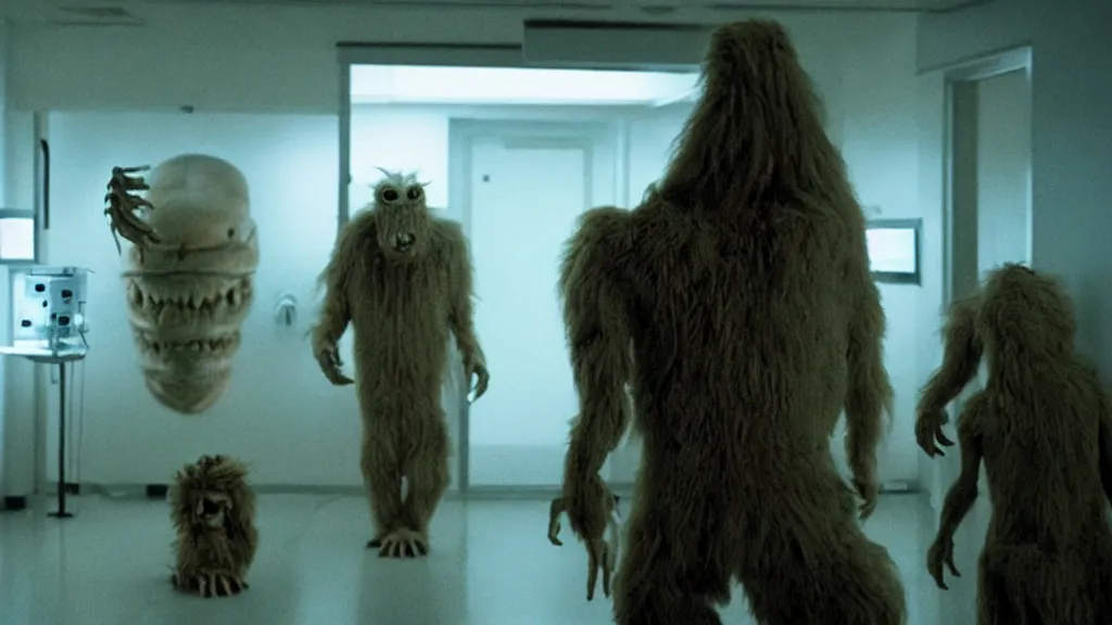 Image similar to monsters invade the hospital, film still from the movie directed by denis villeneuve and david cronenberg with art direction by salvador dali, wide lens