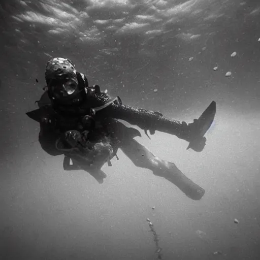 Prompt: Close up underwater photo of a medieval knight by Trent Parke, clean, detailed, Magnum photos