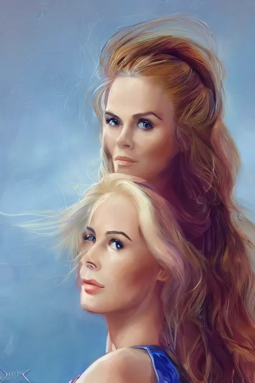 Image similar to mix of beautiful young maria shriver, mariel hemmingway, brooke shields, nicole kidman and elle macpherson as a mermaid, thin lips, hair tied up in a pony tail, darke blonde hair, colorful, artstation, cgsociety