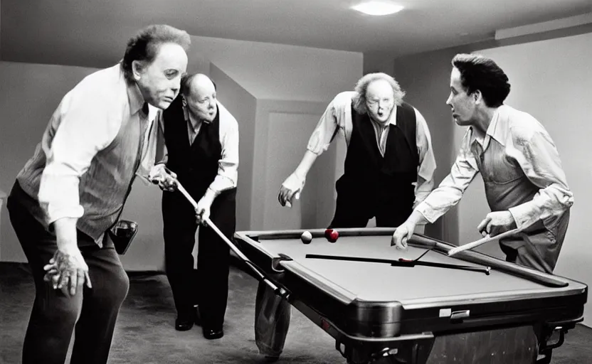 Prompt: danny devito and christopher walken playing billiards in the style of Annie Leibovitz, Hasselblad medium format camera, candid, soft lighting, highly detailed, photorealistic,
