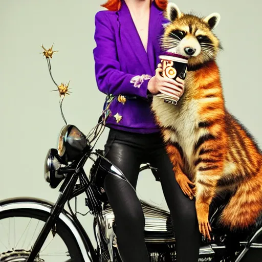 Image similar to a high - fashion photo of a slender beautiful woman with straight ginger hair and bangs, wearing purple leathers and gold helmet, posing with large ginger tabby and raccoon on a motorcycle in front yard, holding coffee mug and toasted brioche bun, fashion photography, dramatic lighting, 8 5 mm lens