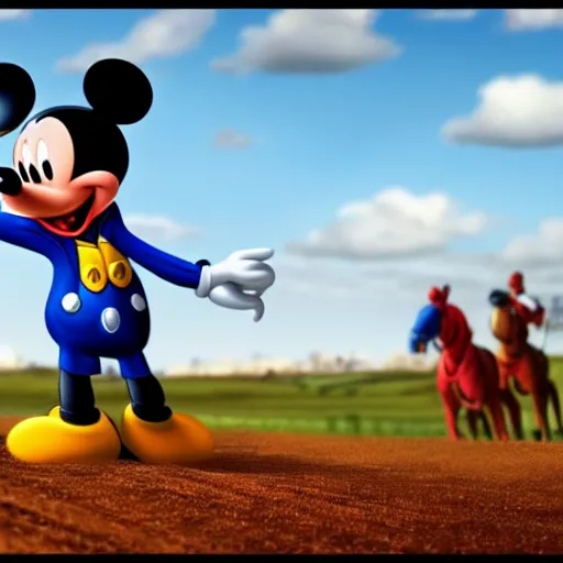 Prompt: establishing shot of Mickey mouse riding a horse in the grand national, hd