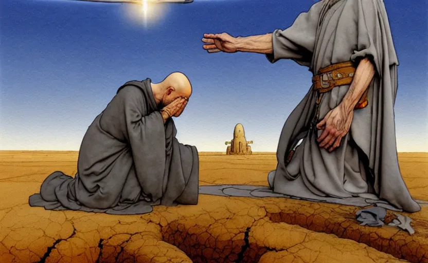 Image similar to a hyperrealist watercolour concept art of a medieval monk in grey robes kneeling in prayer on a desert road. a large steampunk ufo is above them in the sky. by rebecca guay, michael kaluta, charles vess and jean moebius giraud. high detail, hq, wide shot