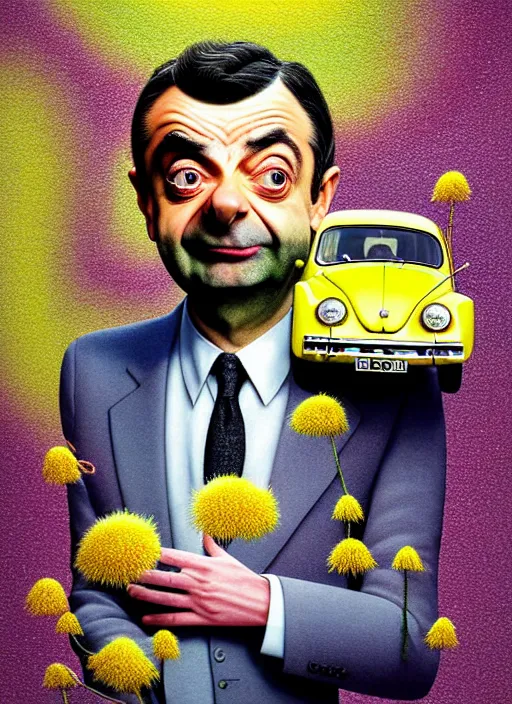 Image similar to hyper detailed 3d render like a Oil painting muted colors - slightly silly portrait of Rowan Atkinson cross eyed as Mr. Bean atop his yellow beetle in Aurora seen tickling of the Strangling network of yellowcake aerochrome and milky Fruit and Her delicate Hands hold of gossamer polyp blossoms bring iridescent fungal flowers whose spores black the foolish stars by Jacek Yerka, Mariusz Lewandowski, Houdini algorithmic generative render, Abstract brush strokes, Masterpiece, Edward Hopper and James Gilleard, Zdzislaw Beksinski, Nicoletta Ceccoli, Wolfgang Lettl, hints of Yayoi Kasuma, octane render, 8k