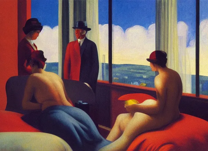 Image similar to three people interacting in a hotel room in afternoon light, clouds, bird, open ceiling, strange foreign objects, oil painting by edward hopper, chirico and rene magritte