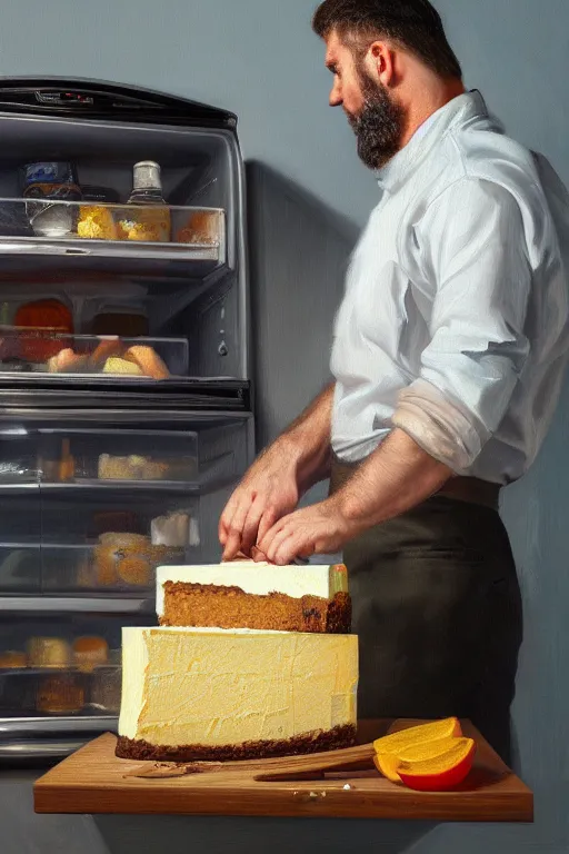 Image similar to man putting cheesecake in the fridge, oil on canvas, intricate, portrait, 8 k highly professionally detailed, hdr, cgsociety