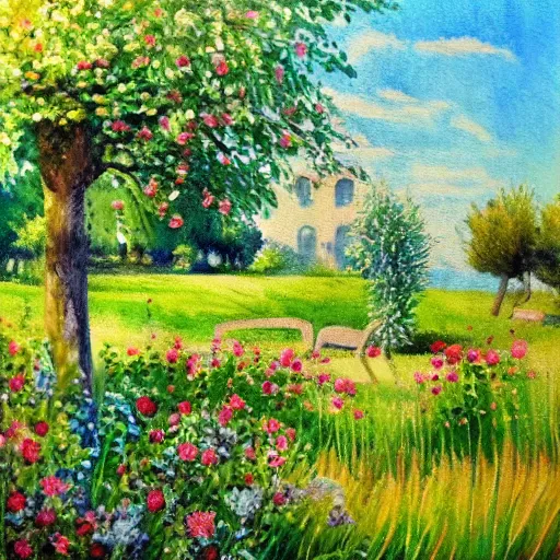 Prompt: a painting of a summer garden with white table, tall grass, chairs and apple trees, shadow, flowers, watercolor, color pensils and pastel, lovely, nostalgic, beautiful, impressionist, wonderful, art