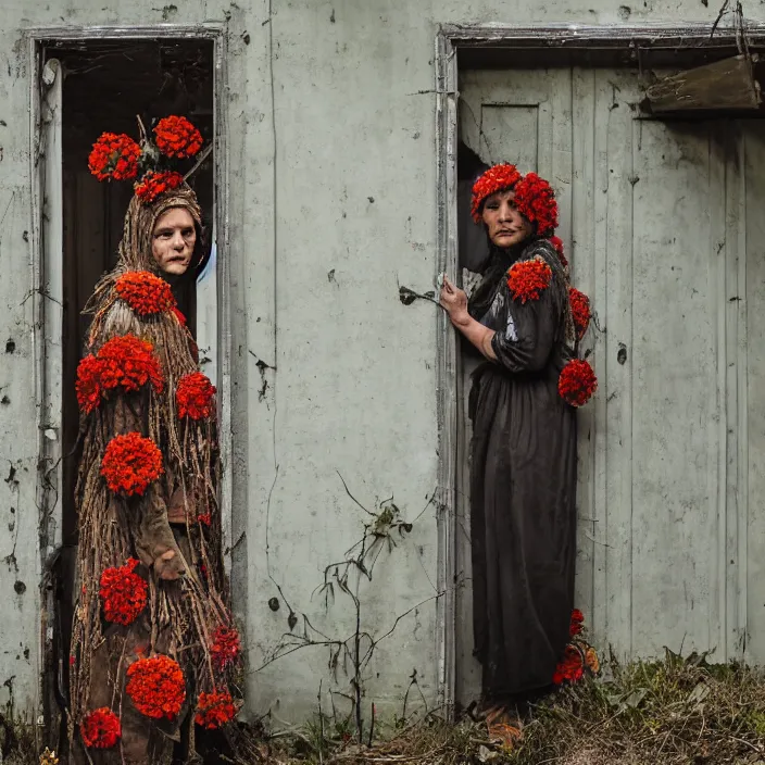 Prompt: a woman wearing a hooded cloak made of zinnias and barbed wire, in a derelict house, by Omar Z. Robles, natural light, detailed face, CANON Eos C300, ƒ1.8, 35mm, 8K, medium-format print