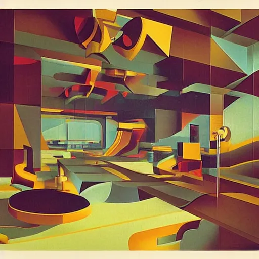 Image similar to retrofuturistic interior in cubism by salvador dali and dan McPharlin,