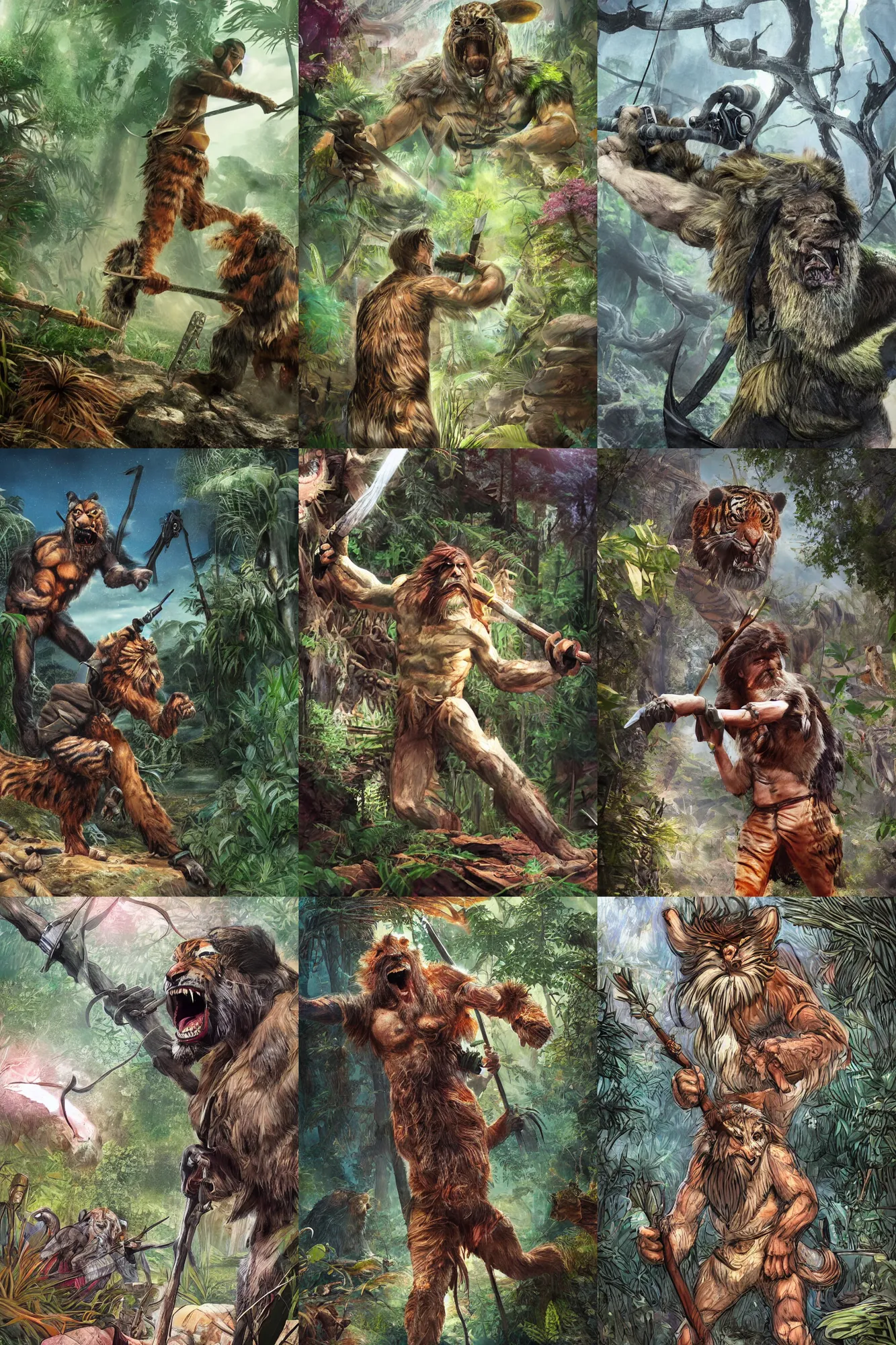 Prompt: dystopian caveman wearing vr headsets in a hunting pose holding a wooden spear, a saber - toothed tiger ambushing him, digital art, colorful, lots of vegetation