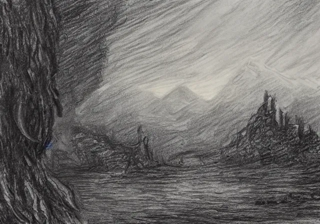 Prompt: A pencil scribble landscape drawing painting. A highly detailed fantasy scenery illustration by Wayne Reynolds and Charles Monet and Gustave Dore and Carl Critchlow and Bram Sels