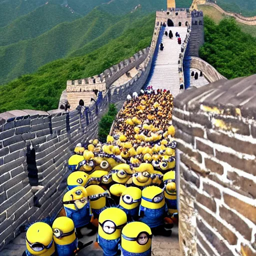 Prompt: The Minions, walking in a single file line, on the Great Wall of China, photo realistic